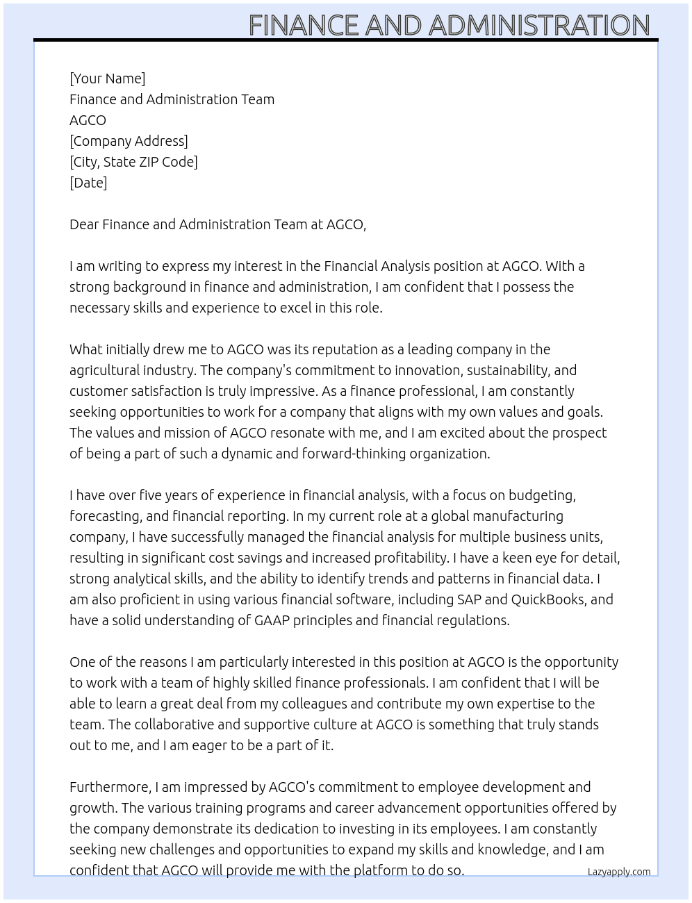 Financial Analysis At AGCO Cover Letter