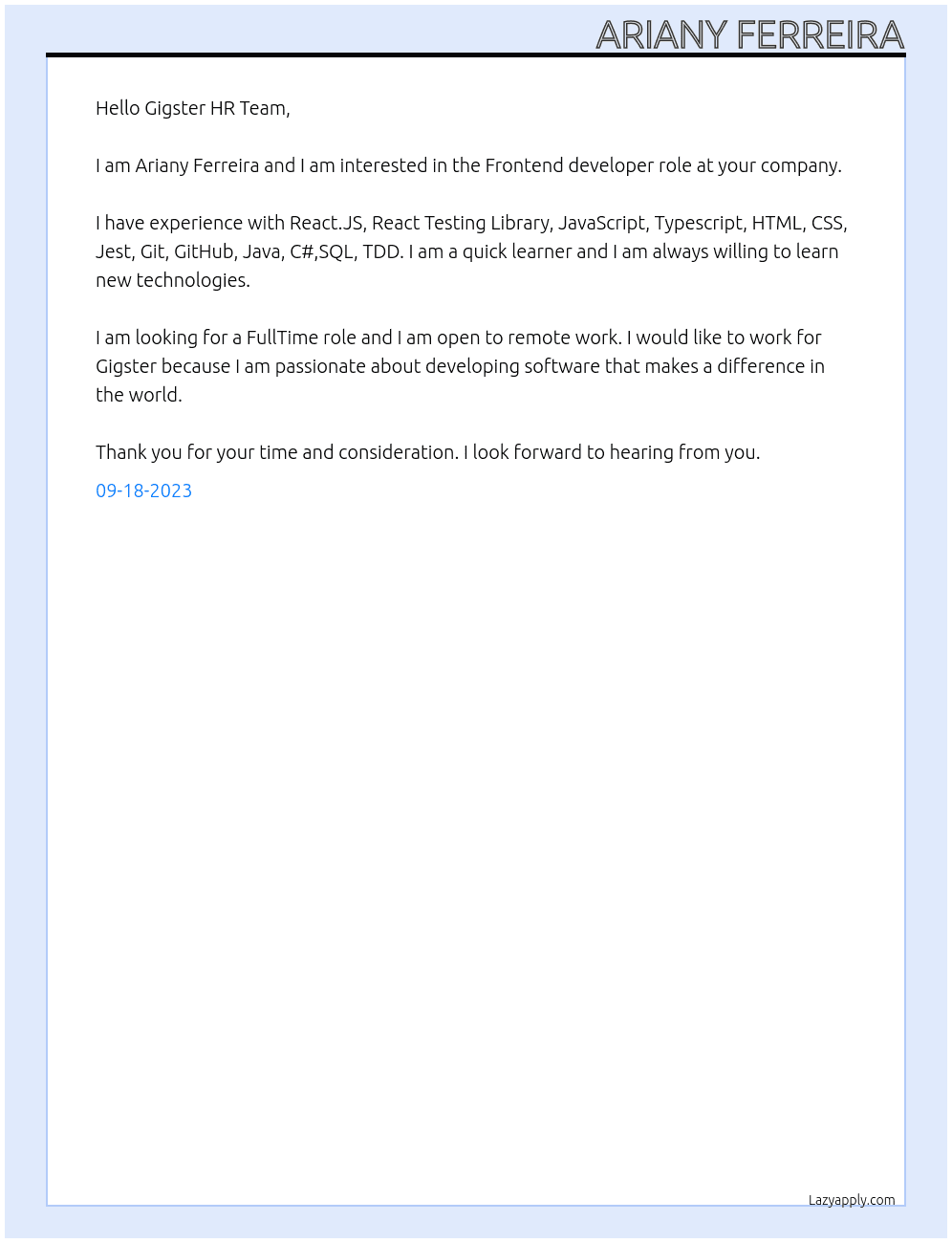 Frontend developer At Gigster Cover Letter