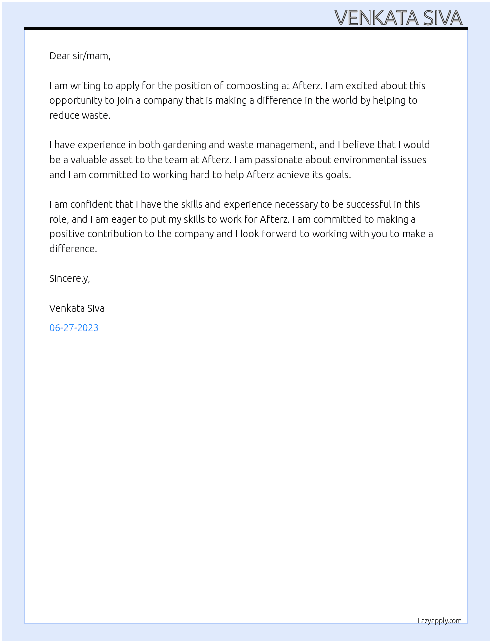 Composting  At Afterz Cover Letter