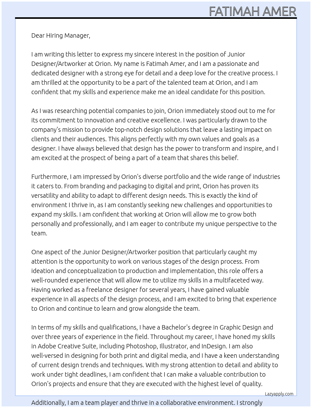 Junior Designer/Artworker At Orion Cover Letter
