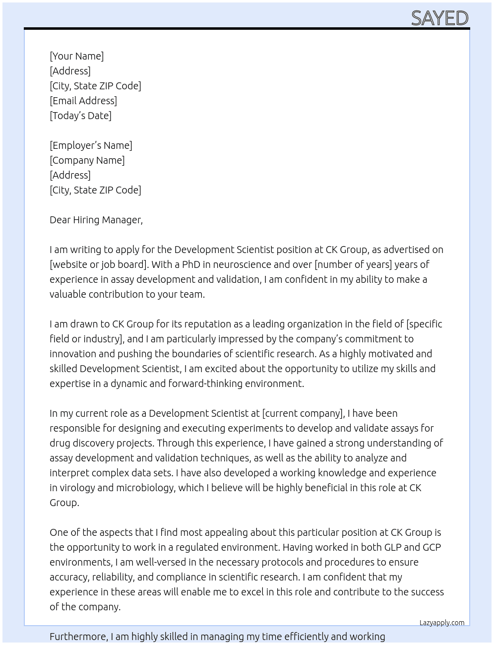 Development Scientist At CK Group Cover Letter