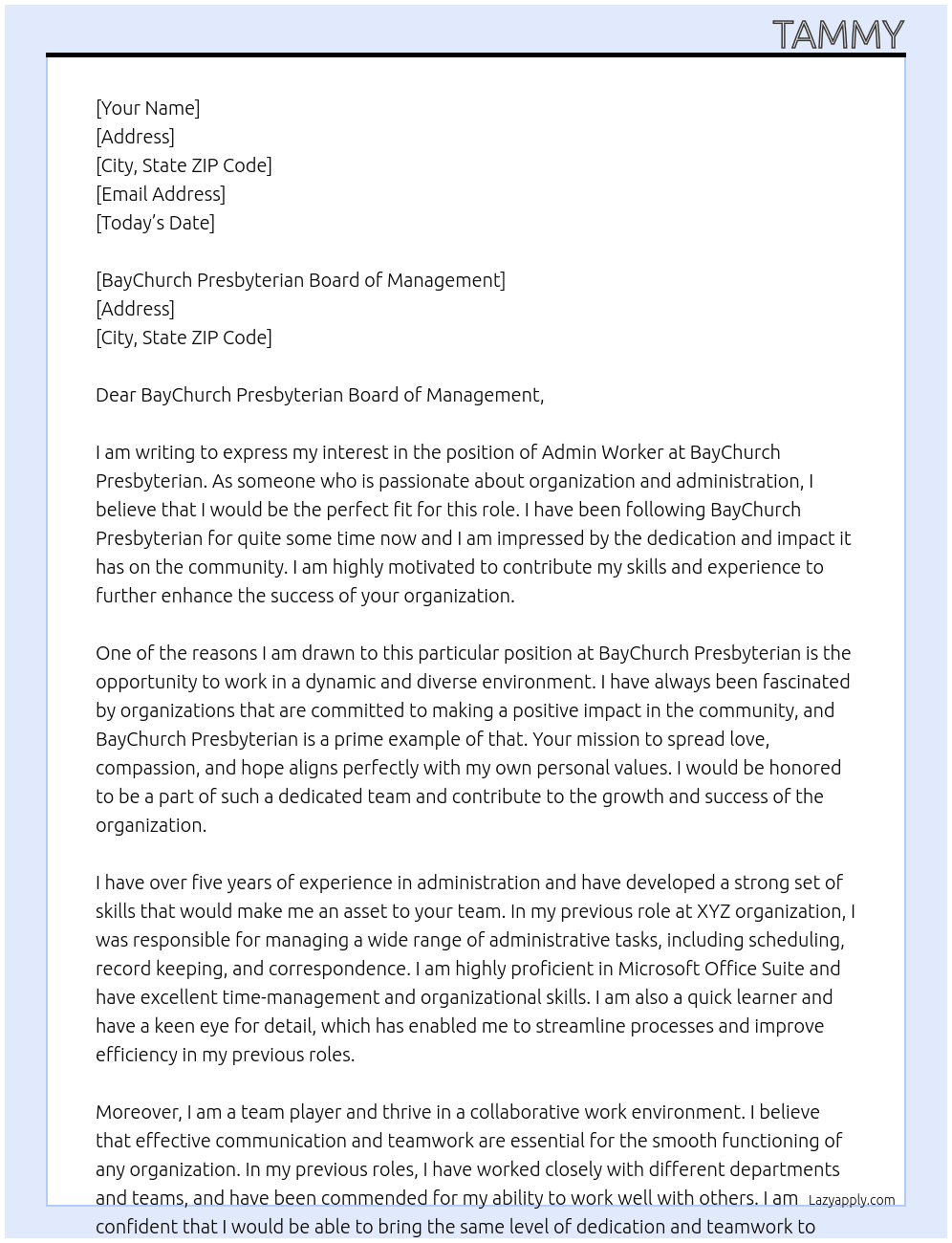 Admin Worker At BayChurch Presbyterian  Cover Letter