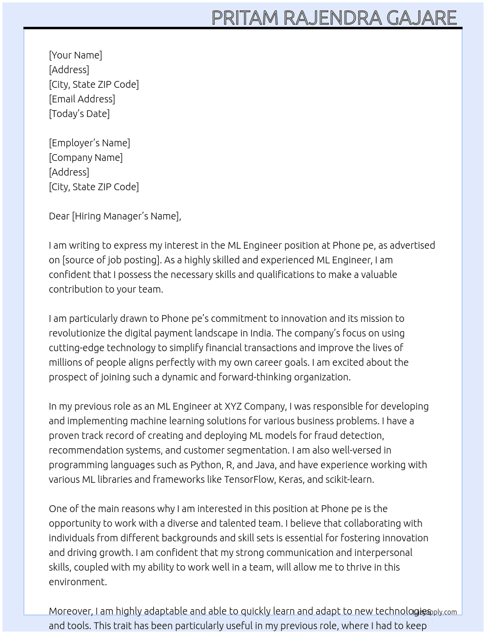 ML Engineer At Phone pe Cover Letter