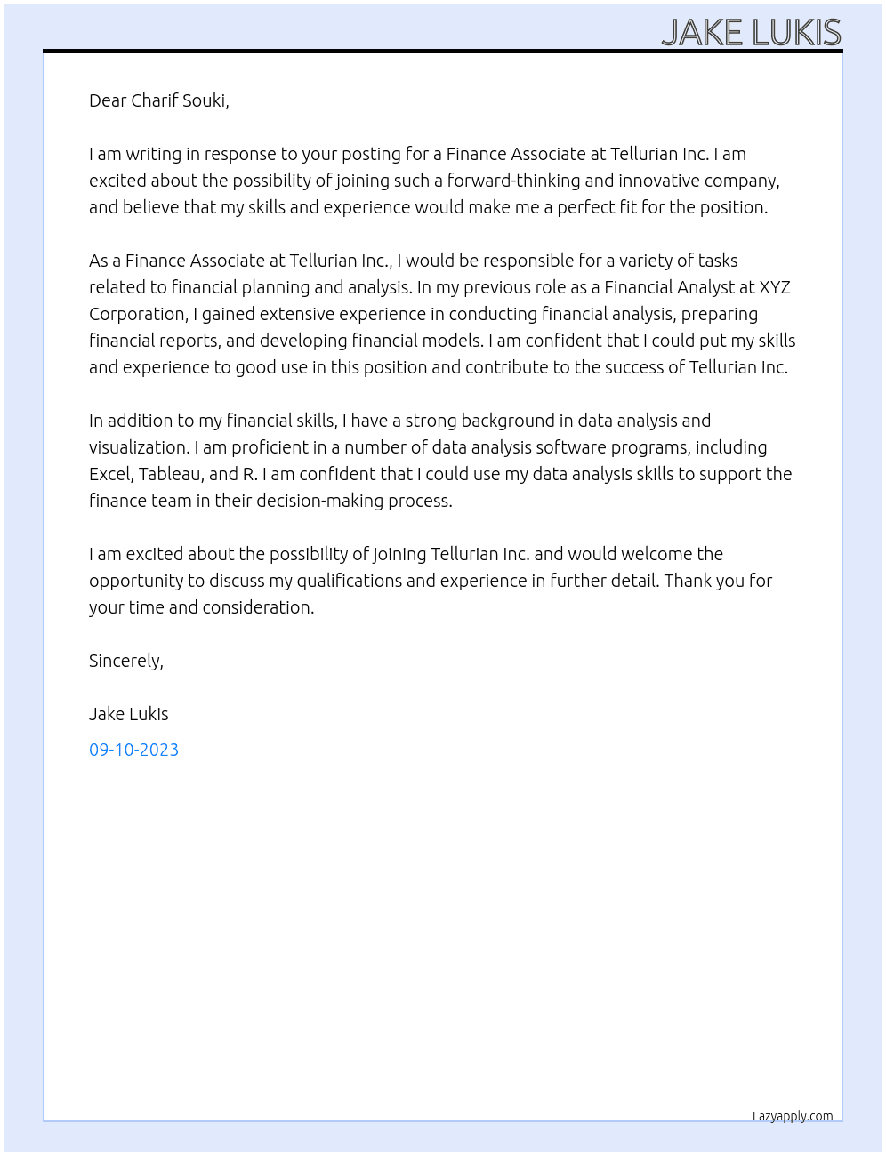 finance associate At Tellurian Inc. Cover Letter