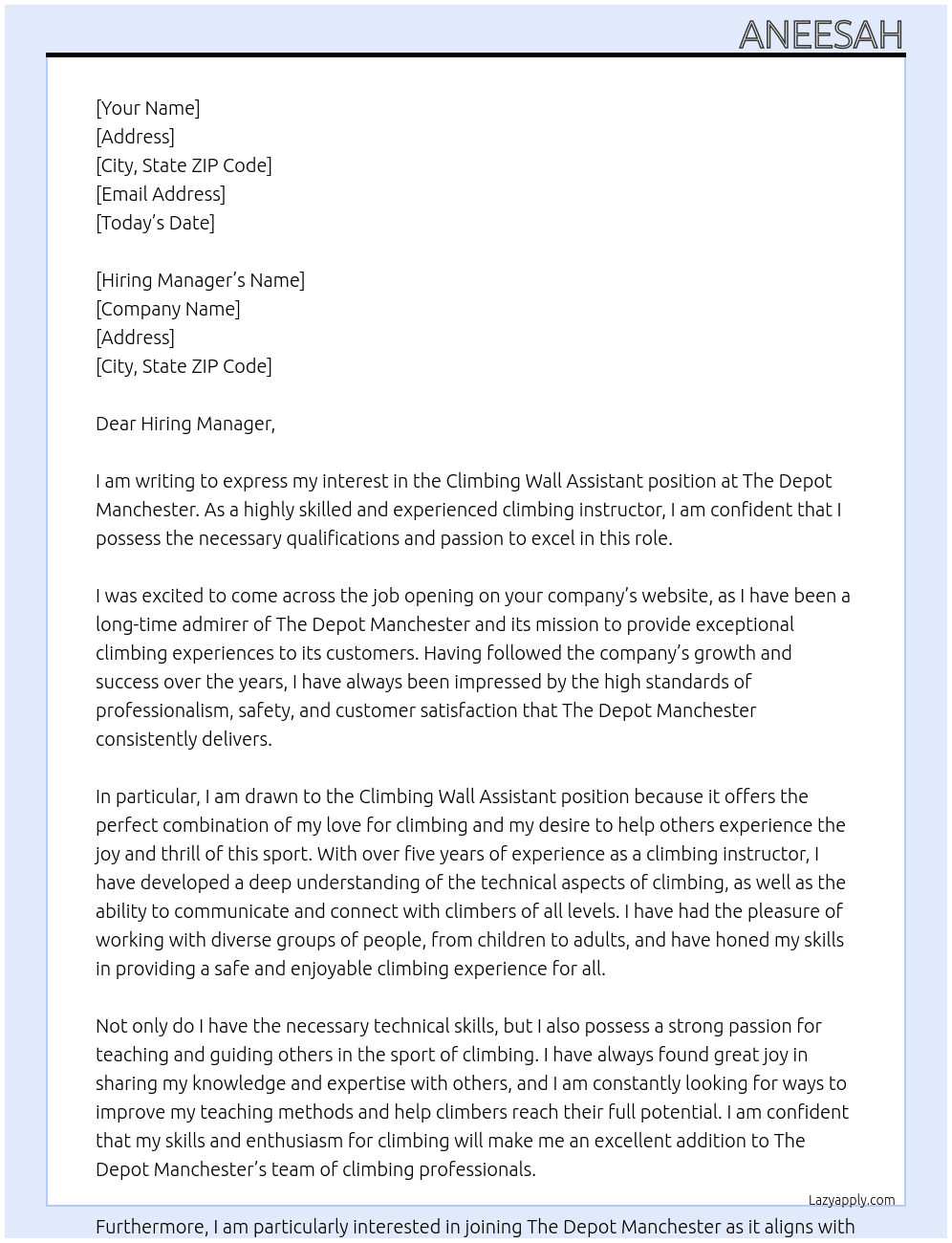 Climbing Wall Assistant At The Depot Manchester Cover Letter