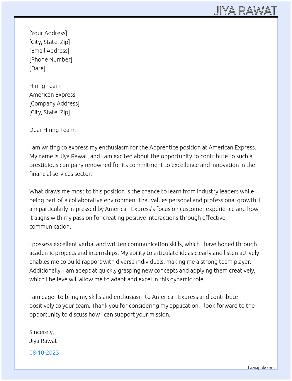 Apprentice At American Express Cover Letter