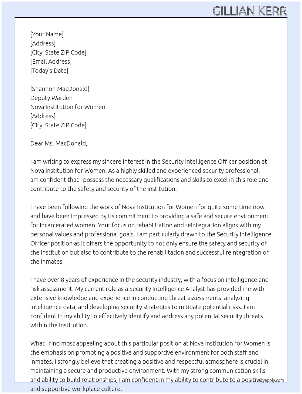 Security Intelligence Officer At Nova Institution for Women Cover Letter