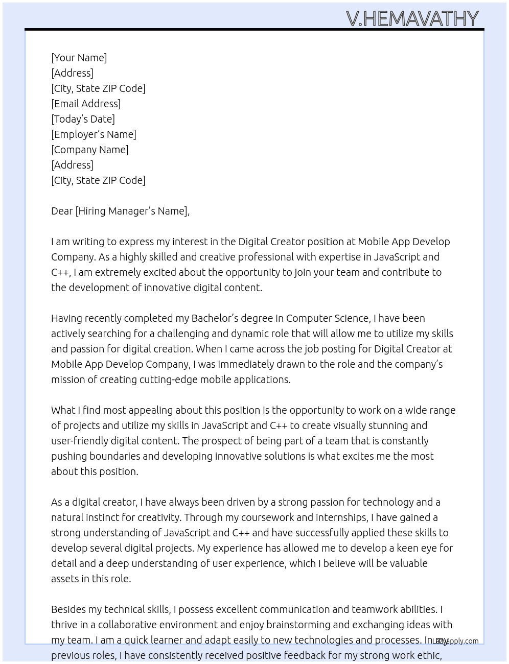 Digital creator At Mobile app develop company Cover Letter