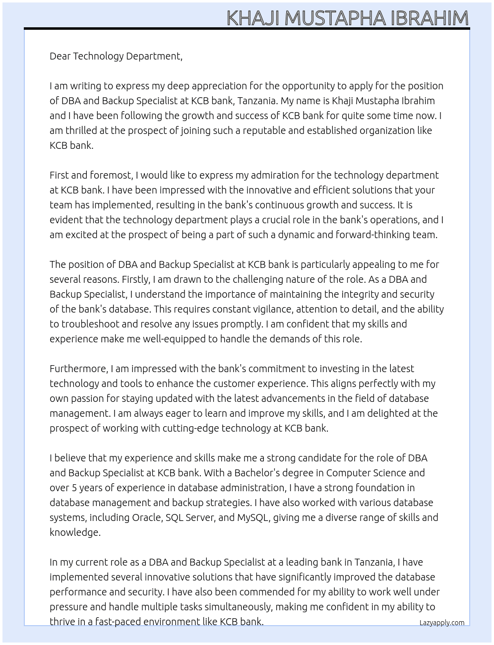 DBA and Backup Specialist At KCB bank ,Tanzania Cover Letter