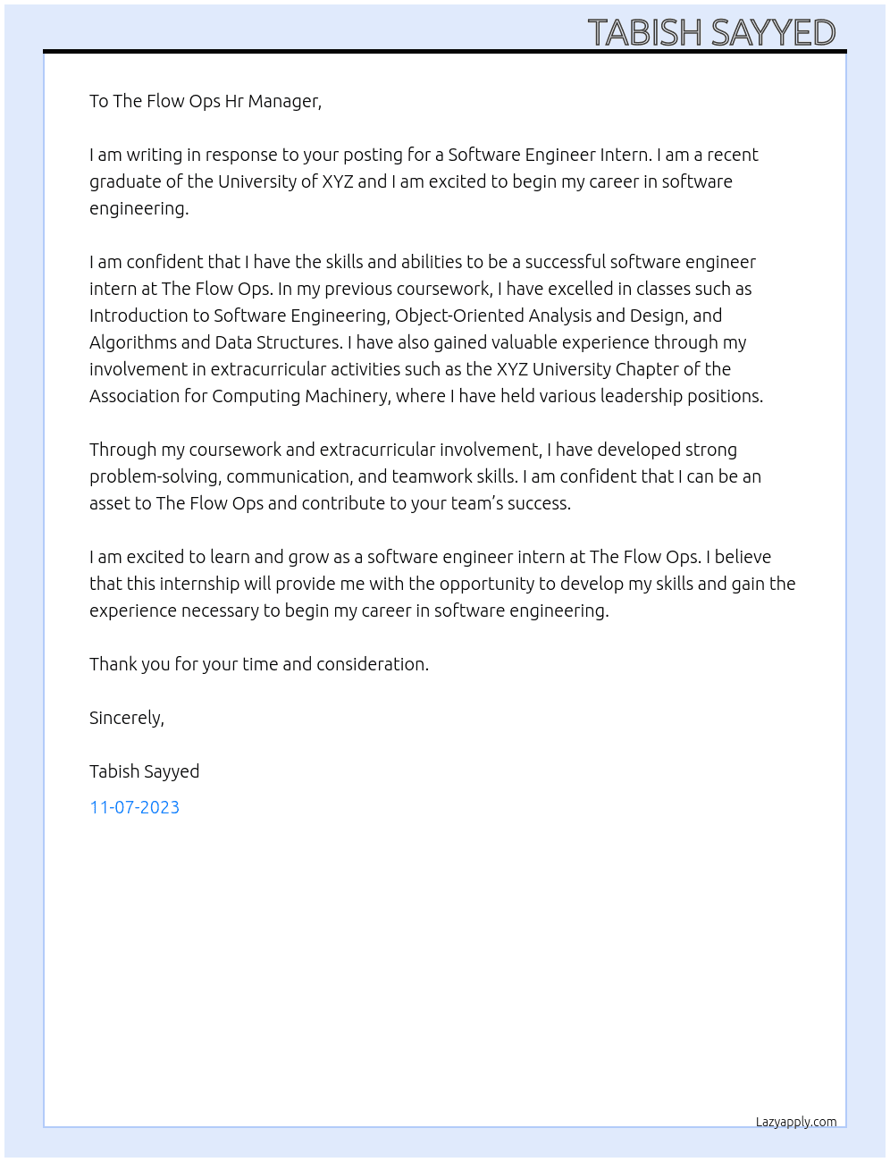 Software Engineer Intern At The Flow Ops Cover Letter