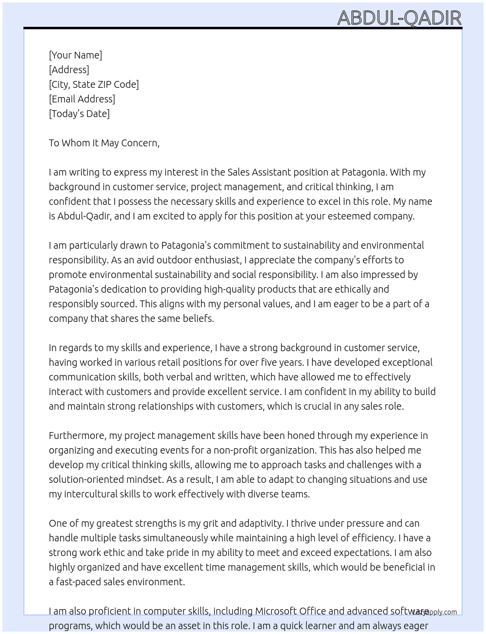 sales assisant  At Patagonia  Cover Letter