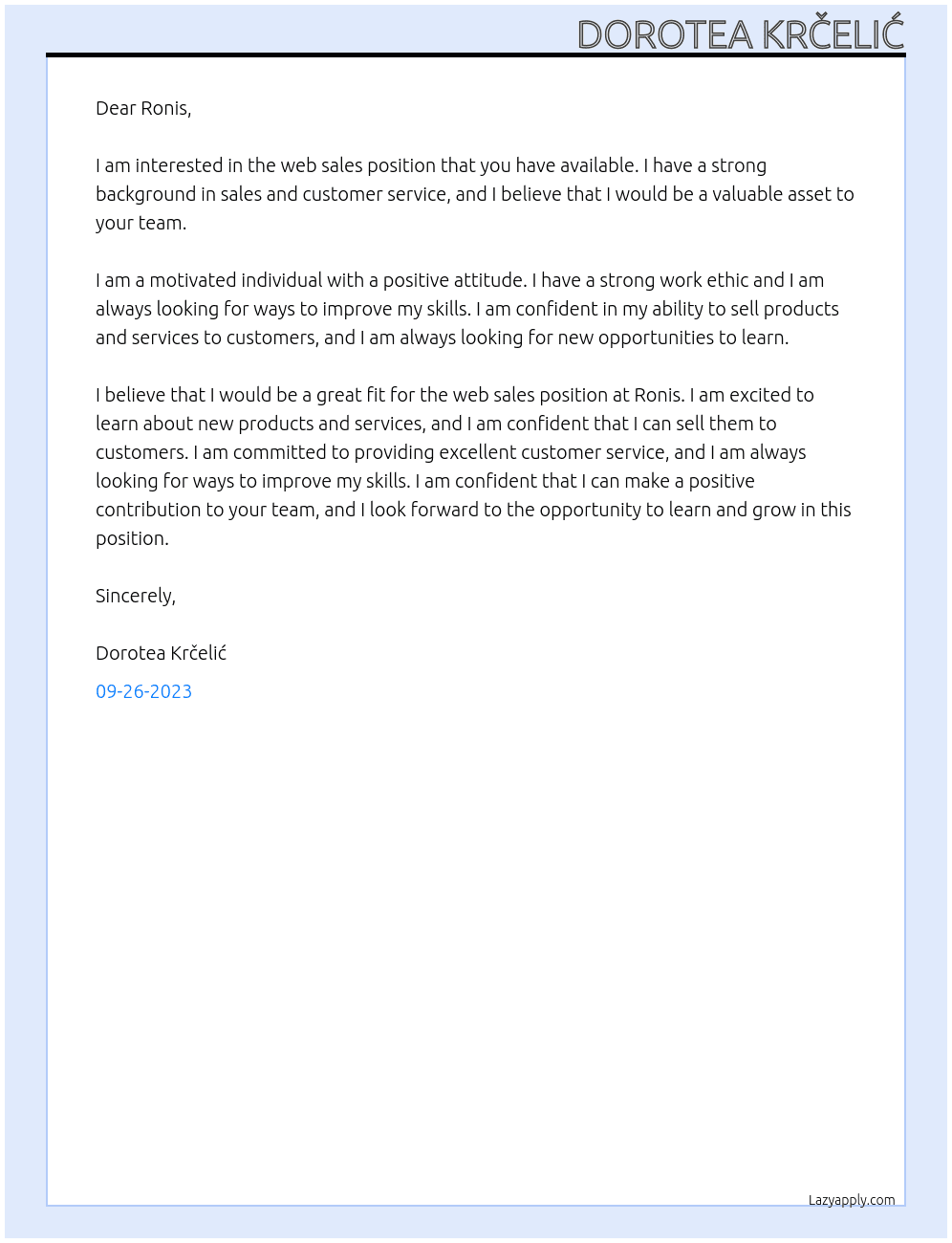 web sale At Ronis Cover Letter