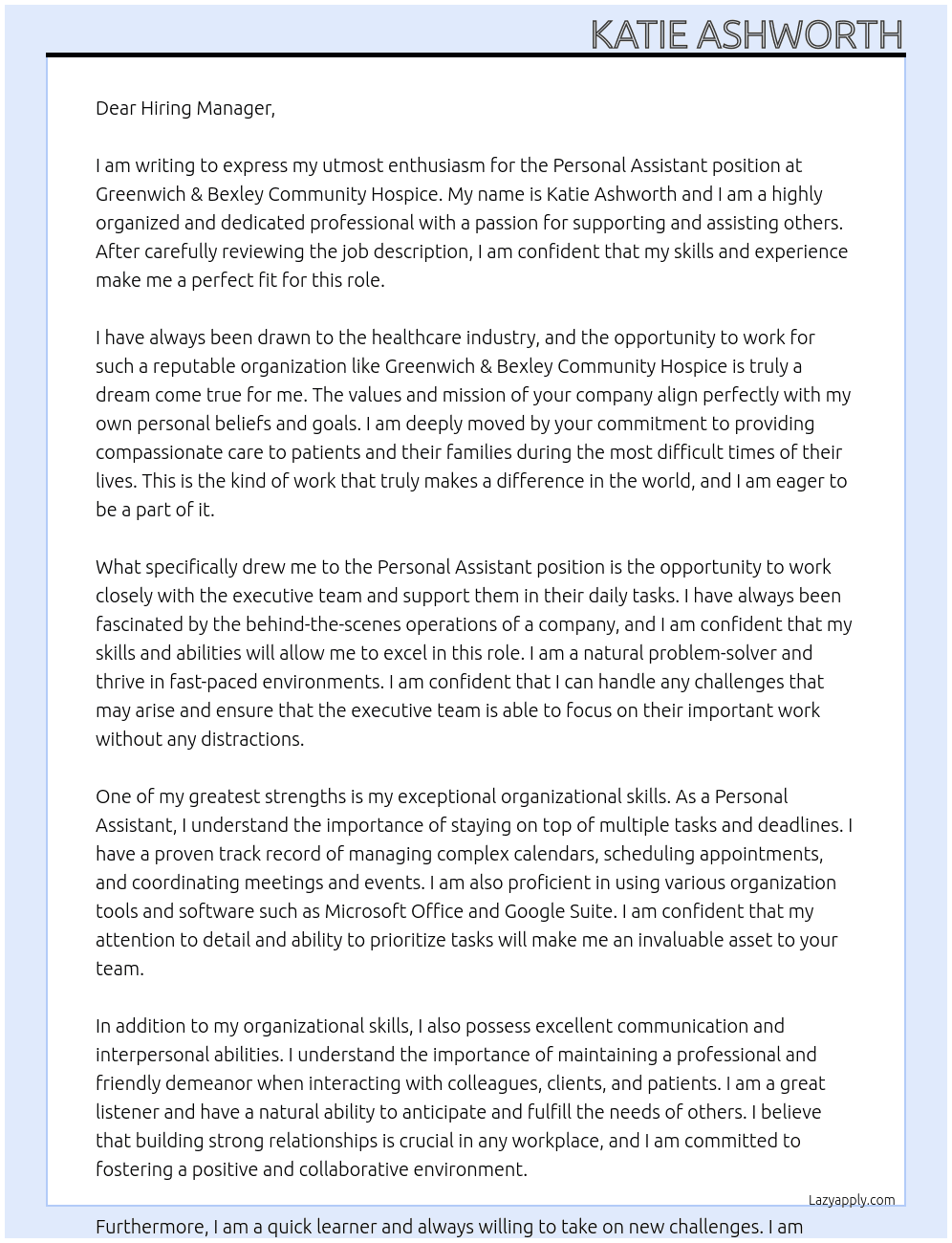 Personal Assistant  At Greenwich & Bexley Community Hospice Cover Letter