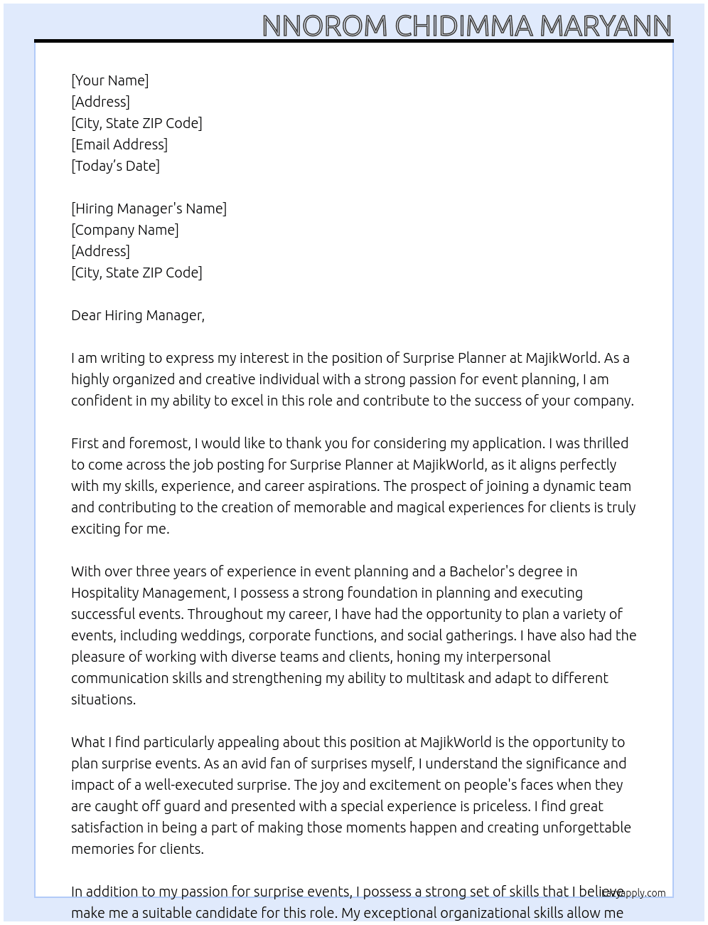 Surprise planner At MajikWorld Cover Letter