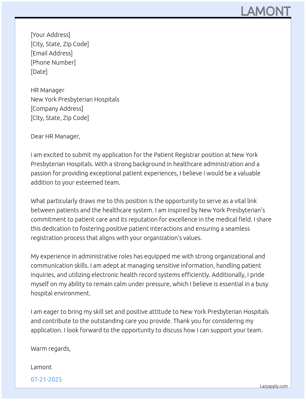 Patient Registrar At New York Presbyterian Hospitals Cover Letter