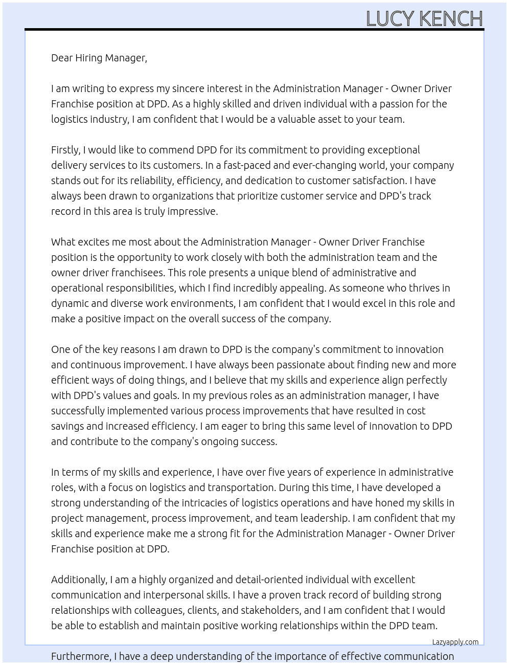 Administration Manager - Owner Driver Franchise At DPD Cover Letter