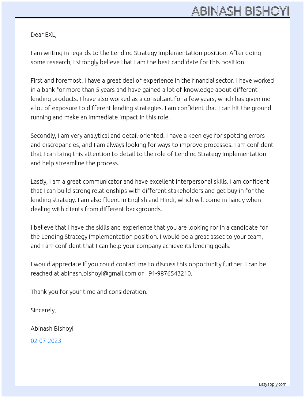 Cover letter for lending strategy implementation - LazyApply