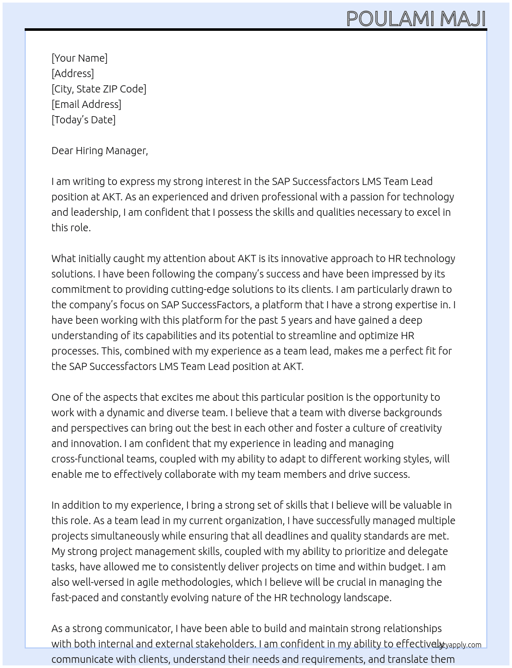 SAP Successfactors LMS Team Lead  At AKT Cover Letter