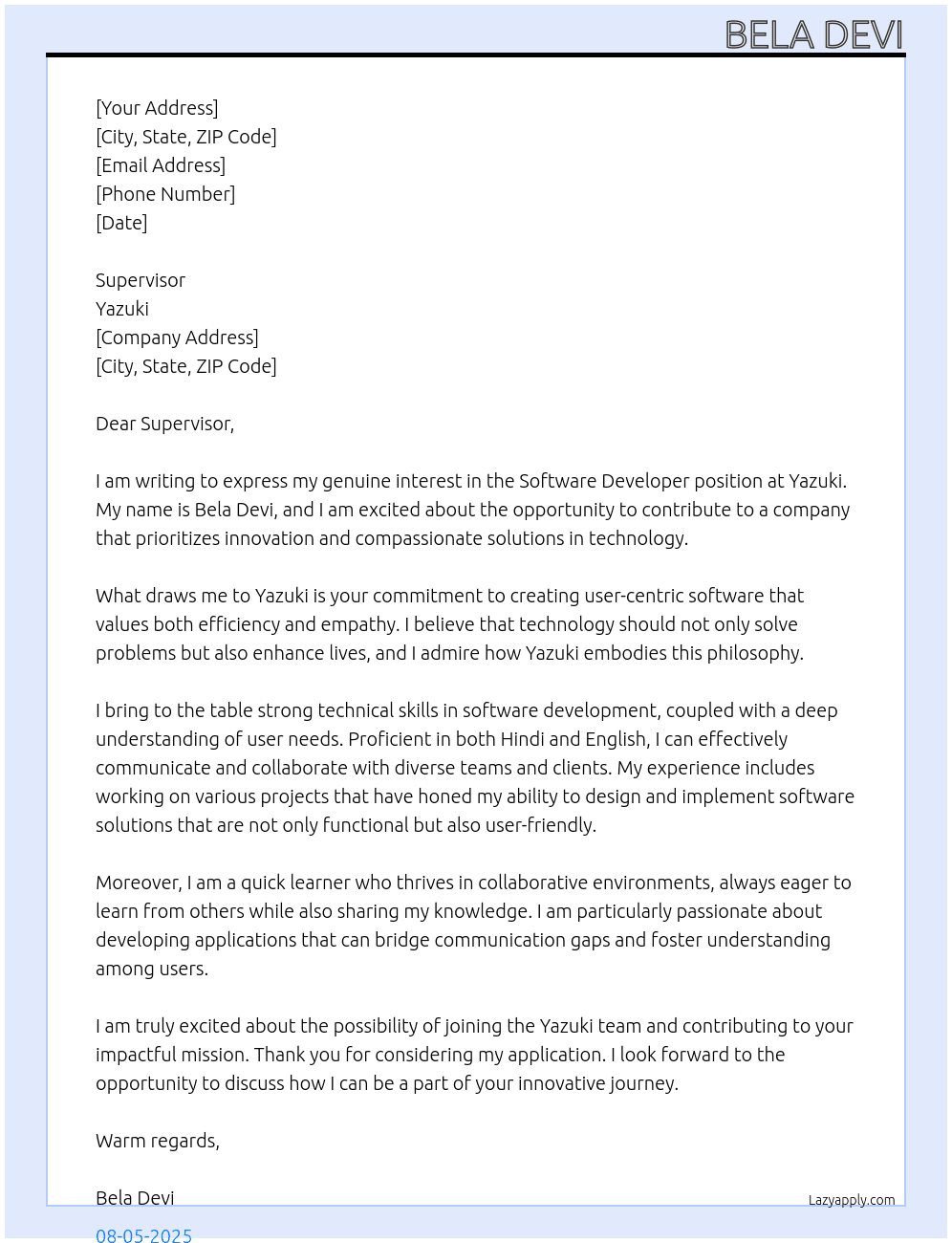 Software developer At Yazuki Cover Letter