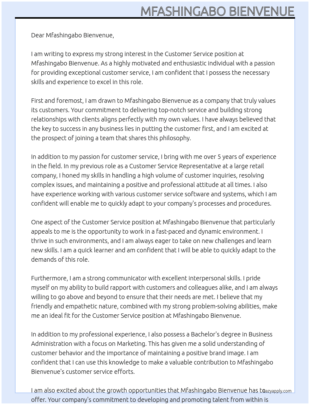 customer service At Mfashingabo Bienvenue Cover Letter