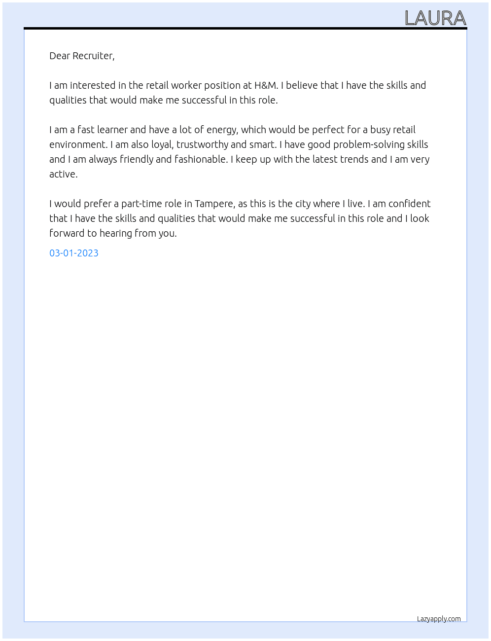Retail worker At H&M Cover Letter