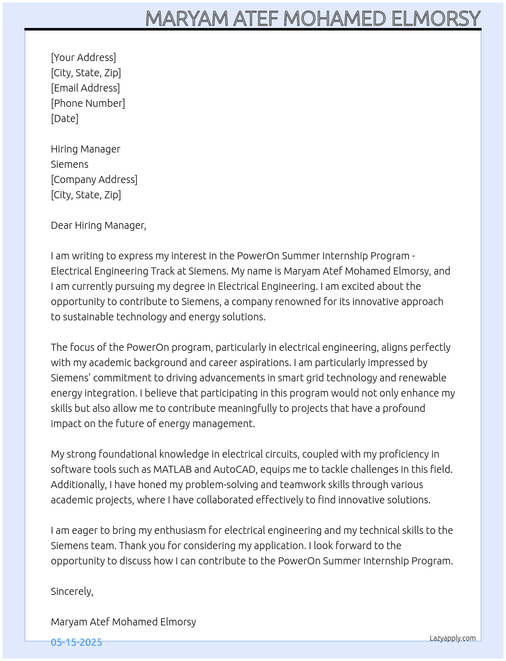 Cover letter for application for poweron summer internship program - electrical engineering track - LazyApply