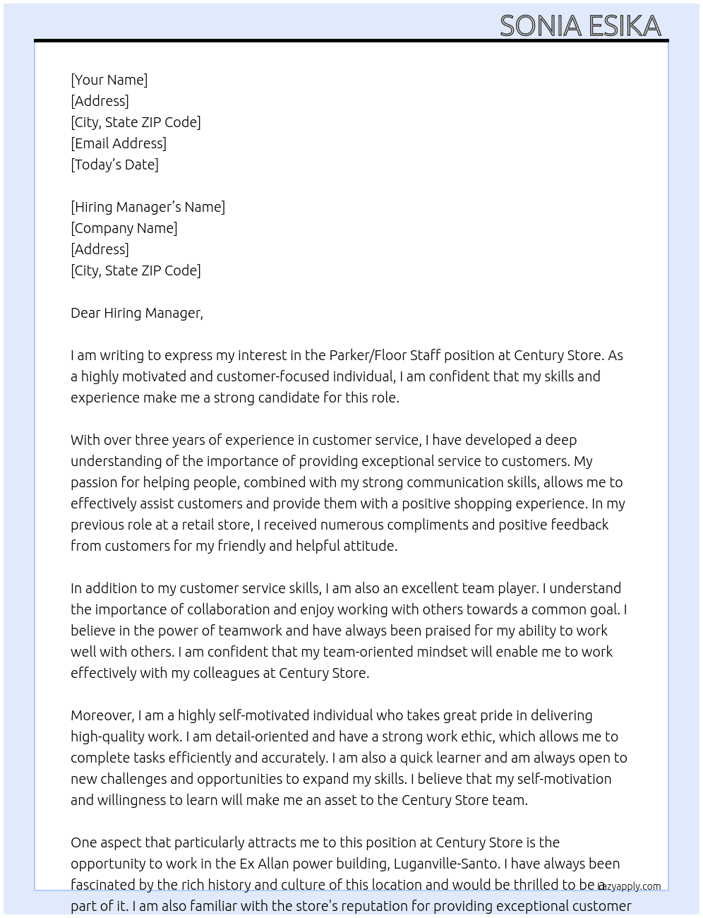 Parker/ floor staff At Century  Store  Cover Letter