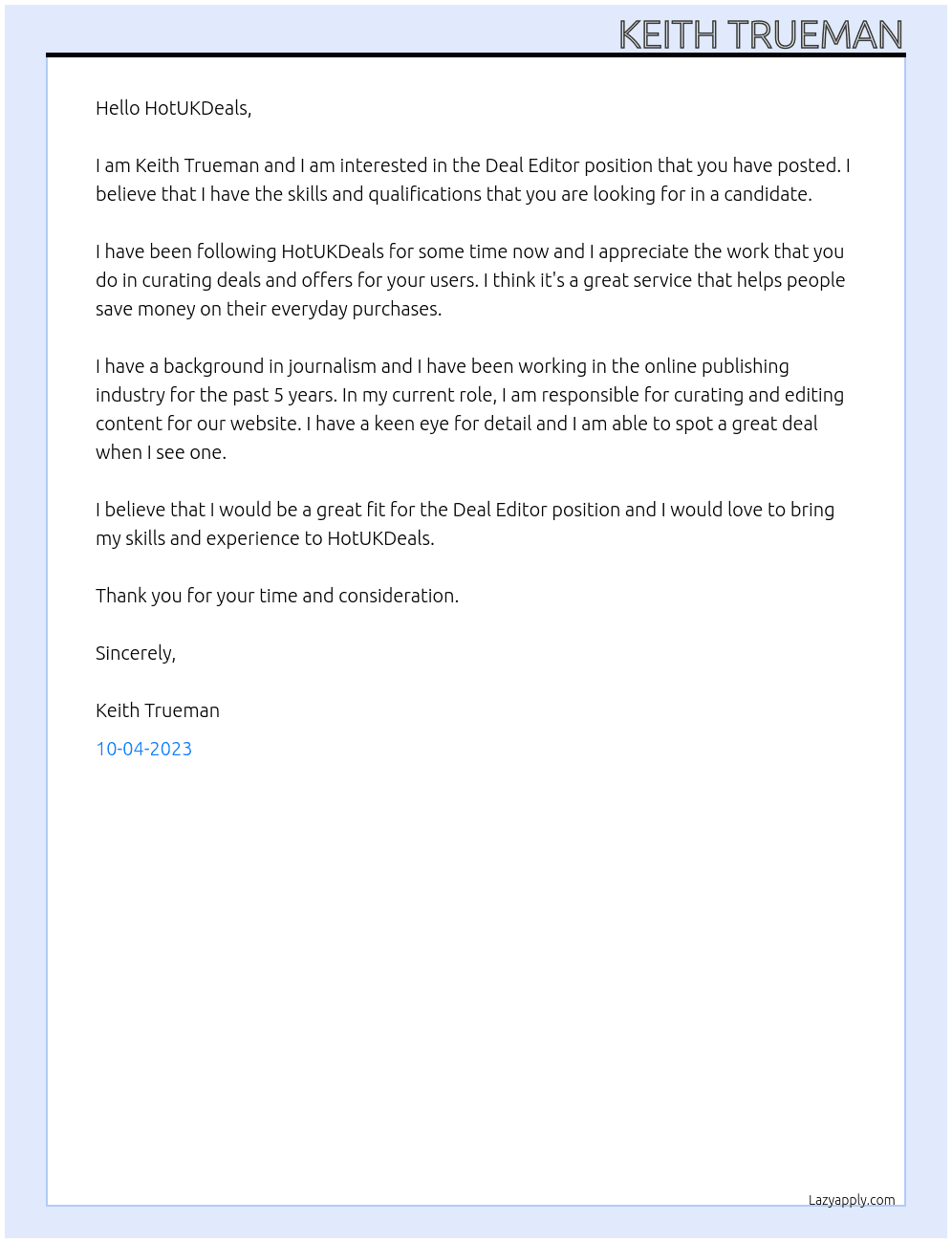 Deal Editor At HotUKdeals Cover Letter