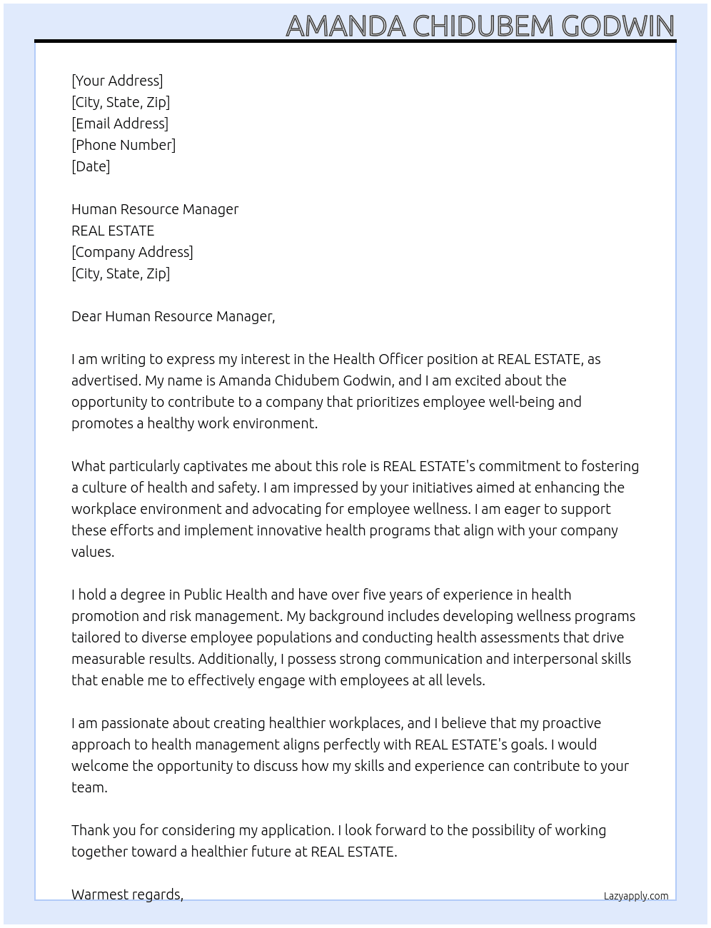 Cover letter for health officer - LazyApply