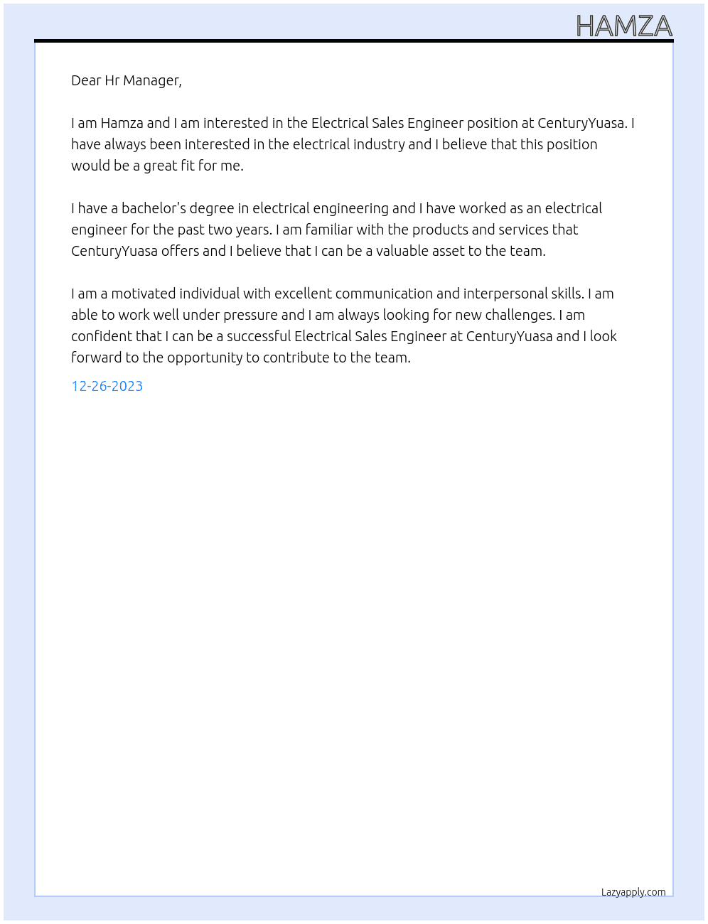Electrical Sales Engineer At CenturyYuasa Cover Letter