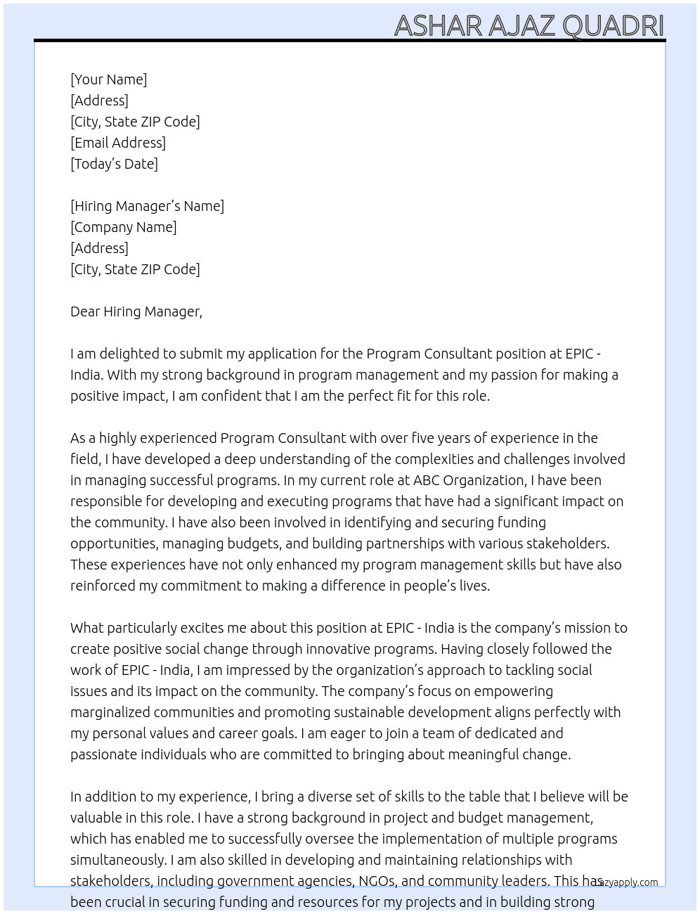 Program Consultant  At EPIC - India Cover Letter