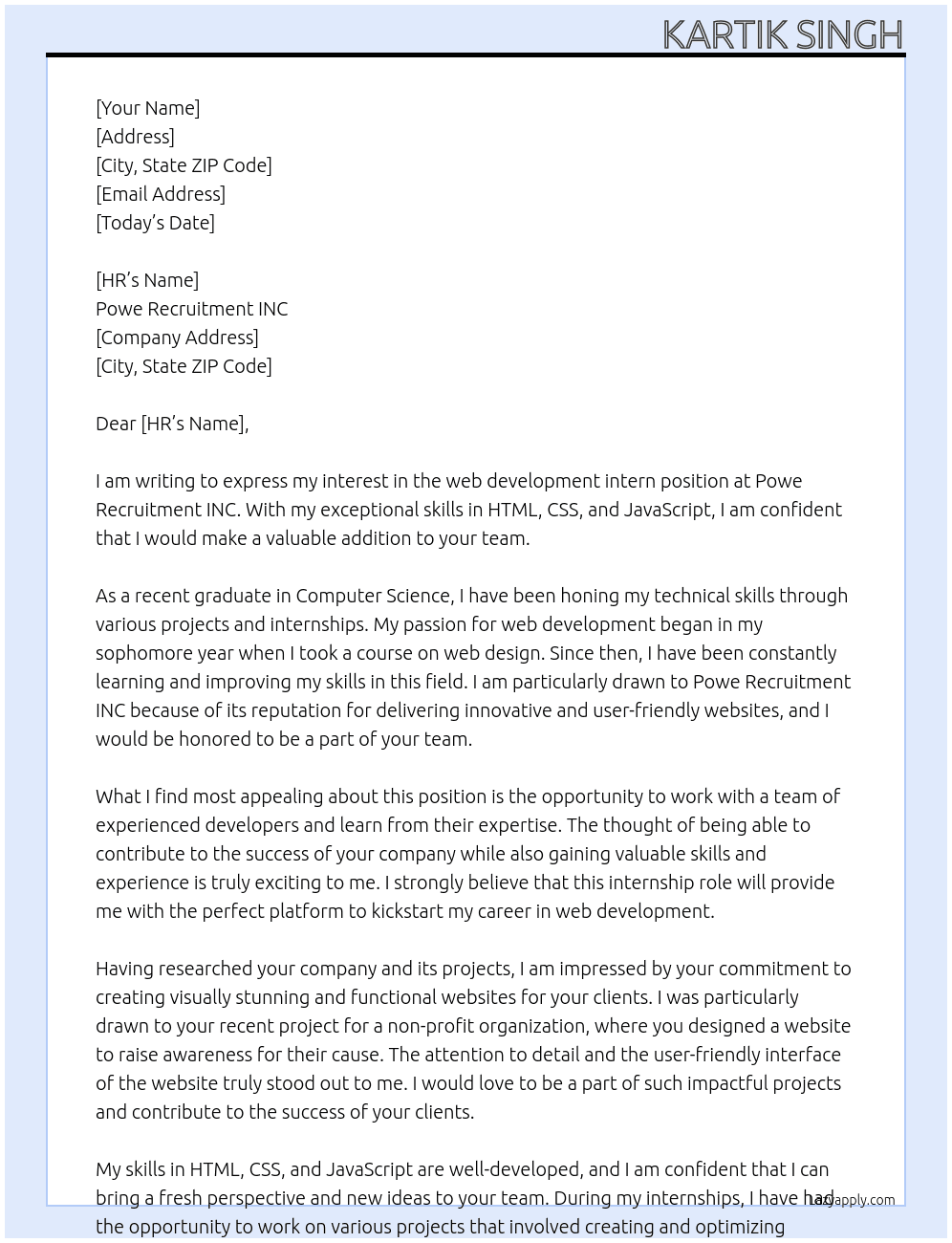 web development At Powe Recruitment INC Cover Letter