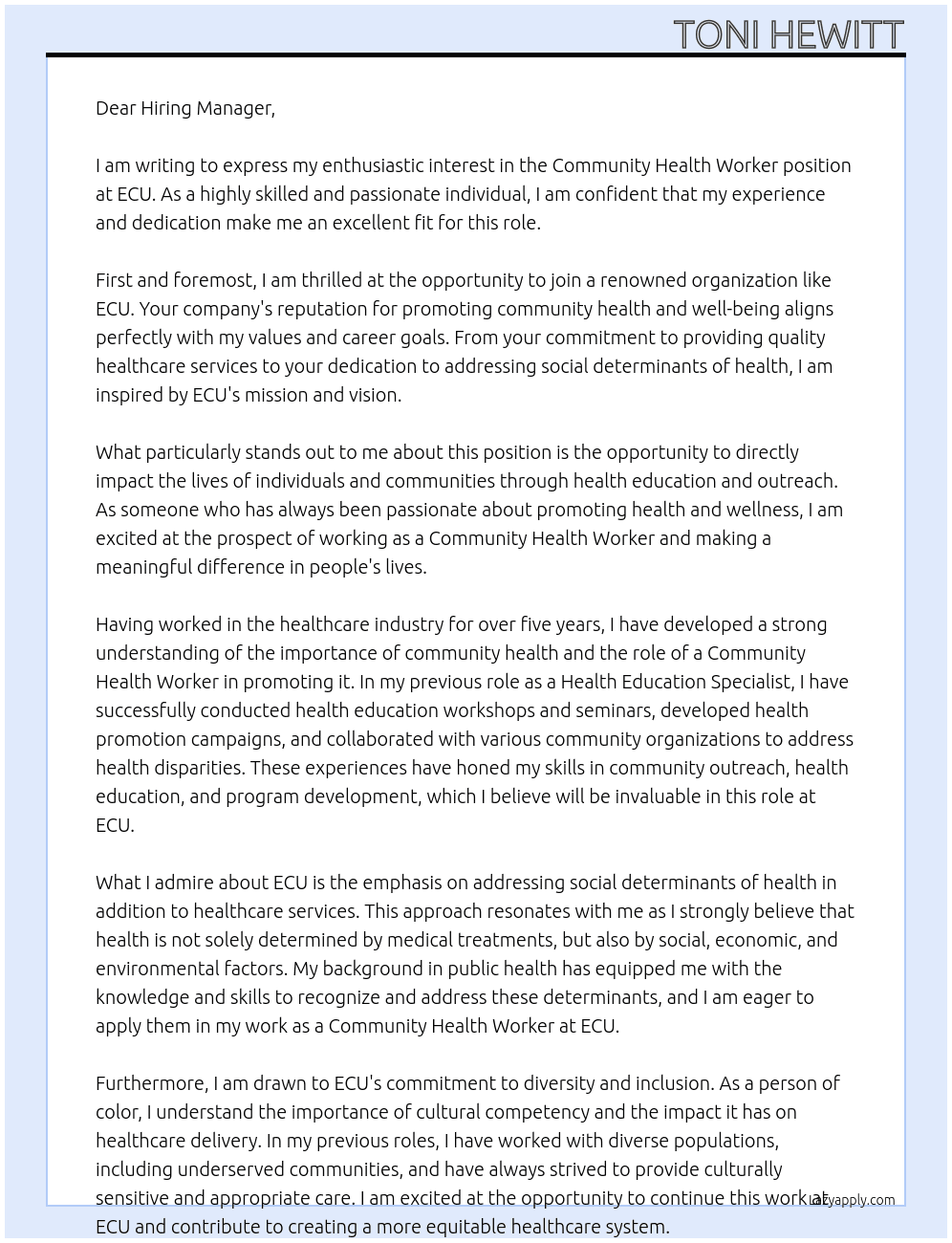 Community Health Worker At ECU Cover Letter