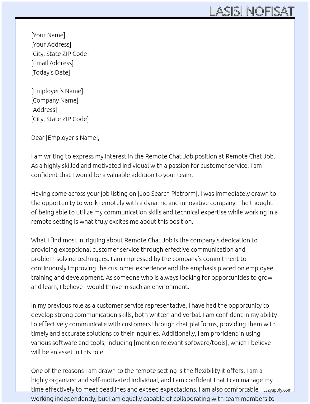 Remote chat job  At Remote chat job  Cover Letter