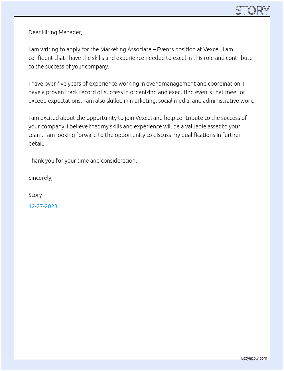 Marketing Associate – Events At Vexcel Cover Letter