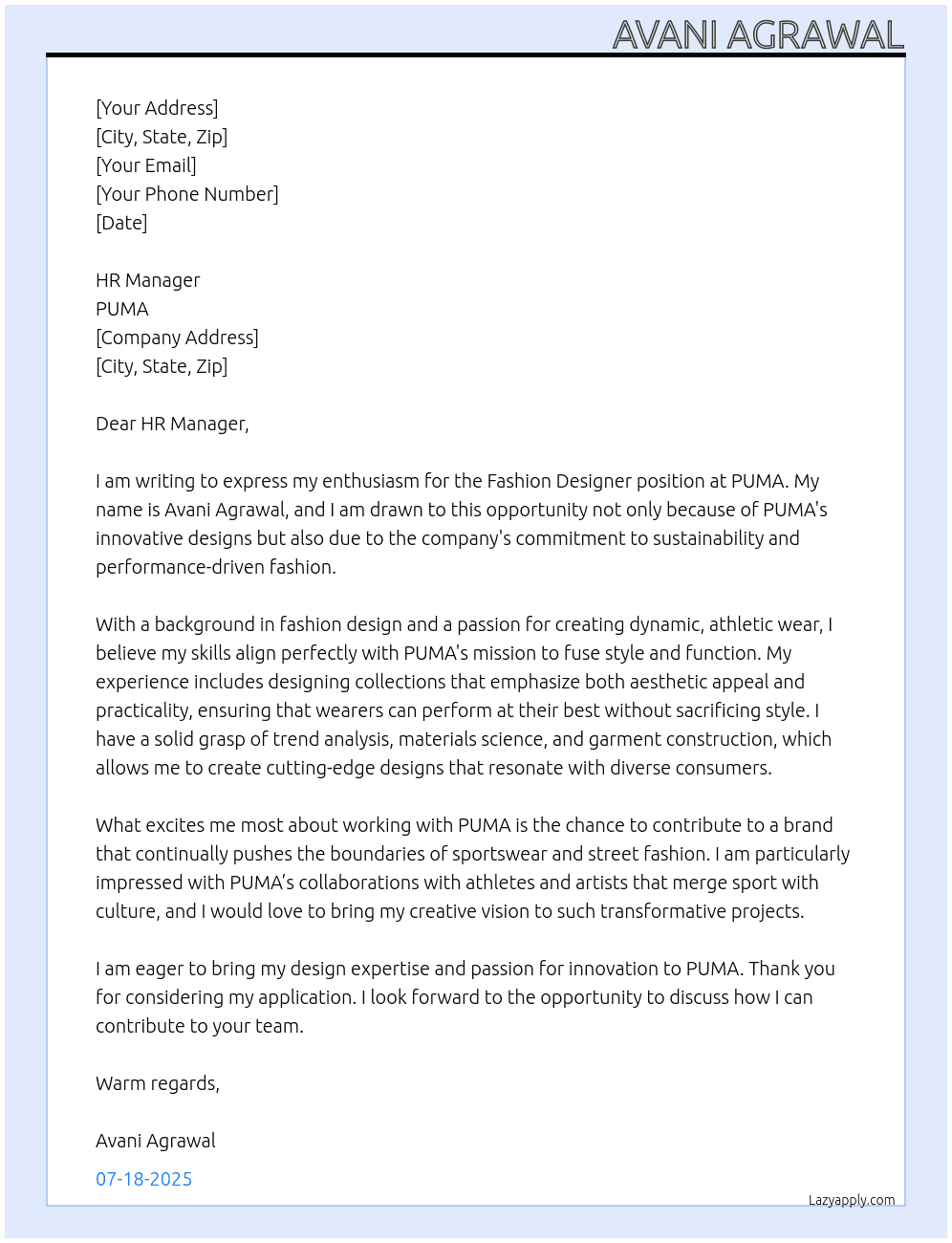Fashion Designer At PUMA Cover Letter