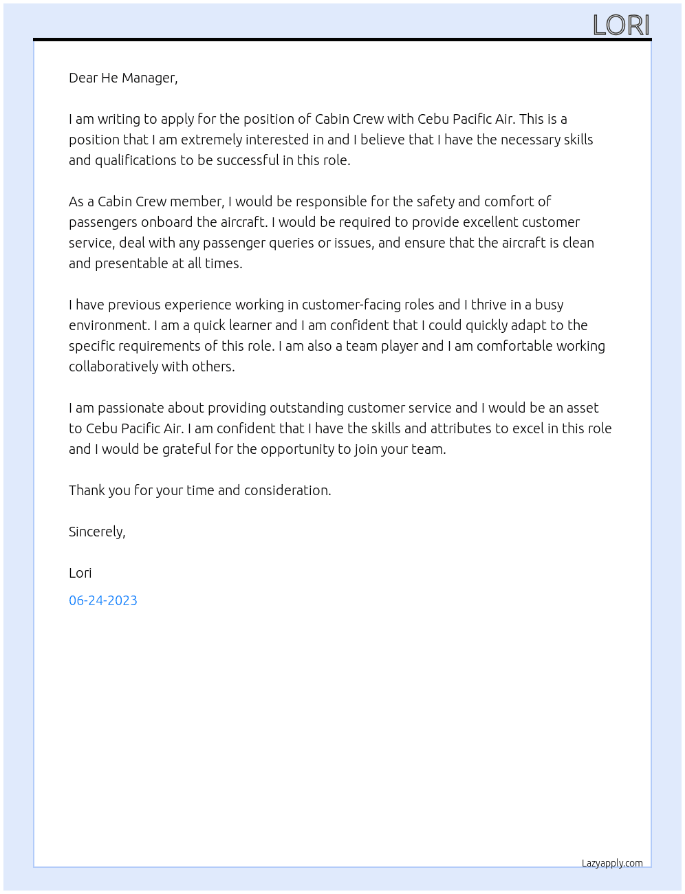 Cabin Crew  At Cebu Pacific Air Cover Letter