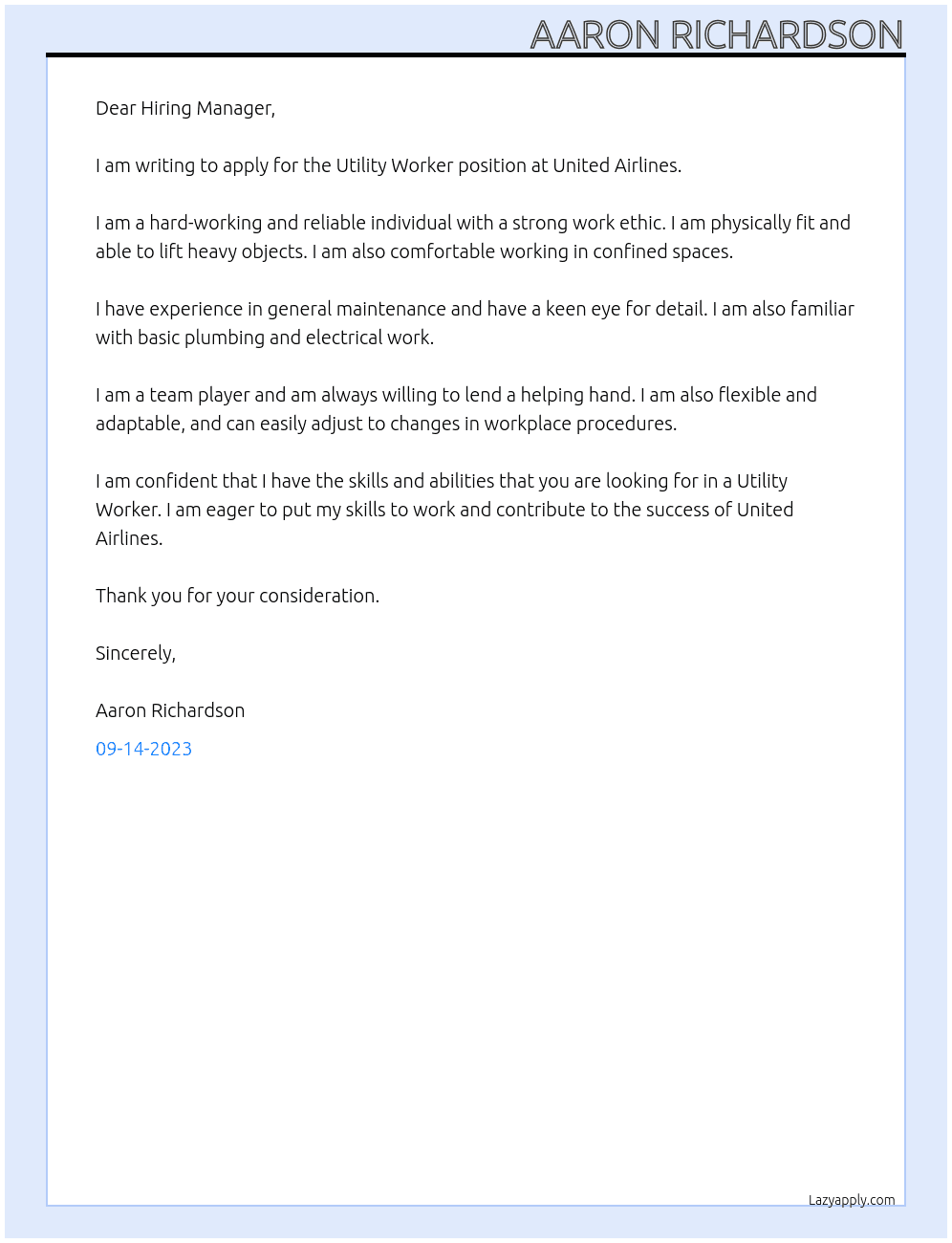 Utility Worker At United Airlines Cover Letter