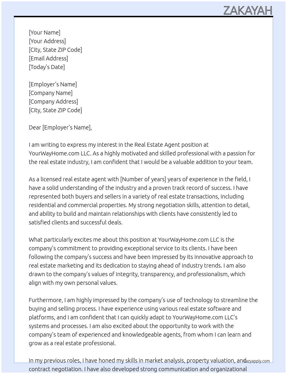Real Estate Agent At YourWayHome.com LLC Cover Letter
