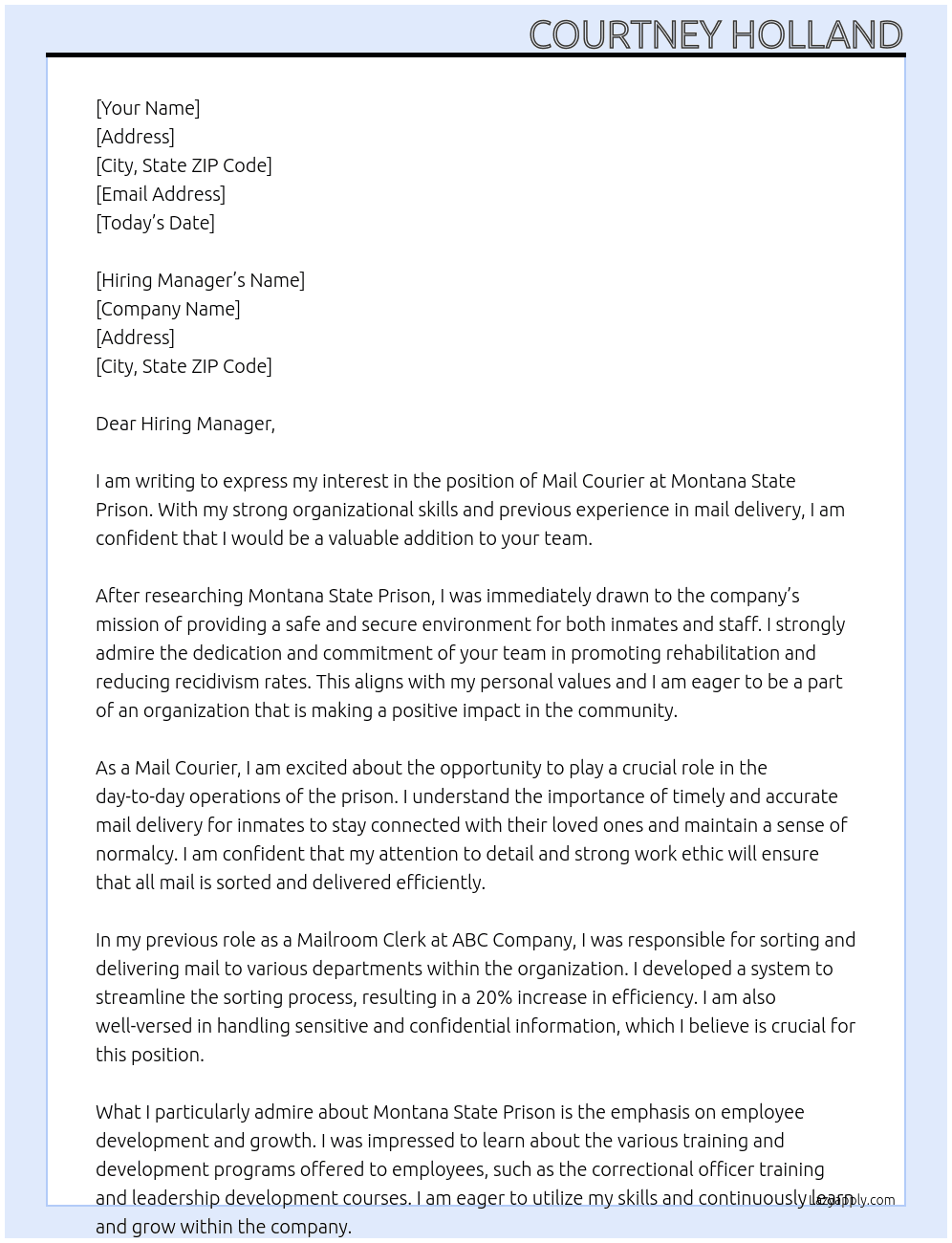 Mail Courier At Montana State Prison Cover Letter