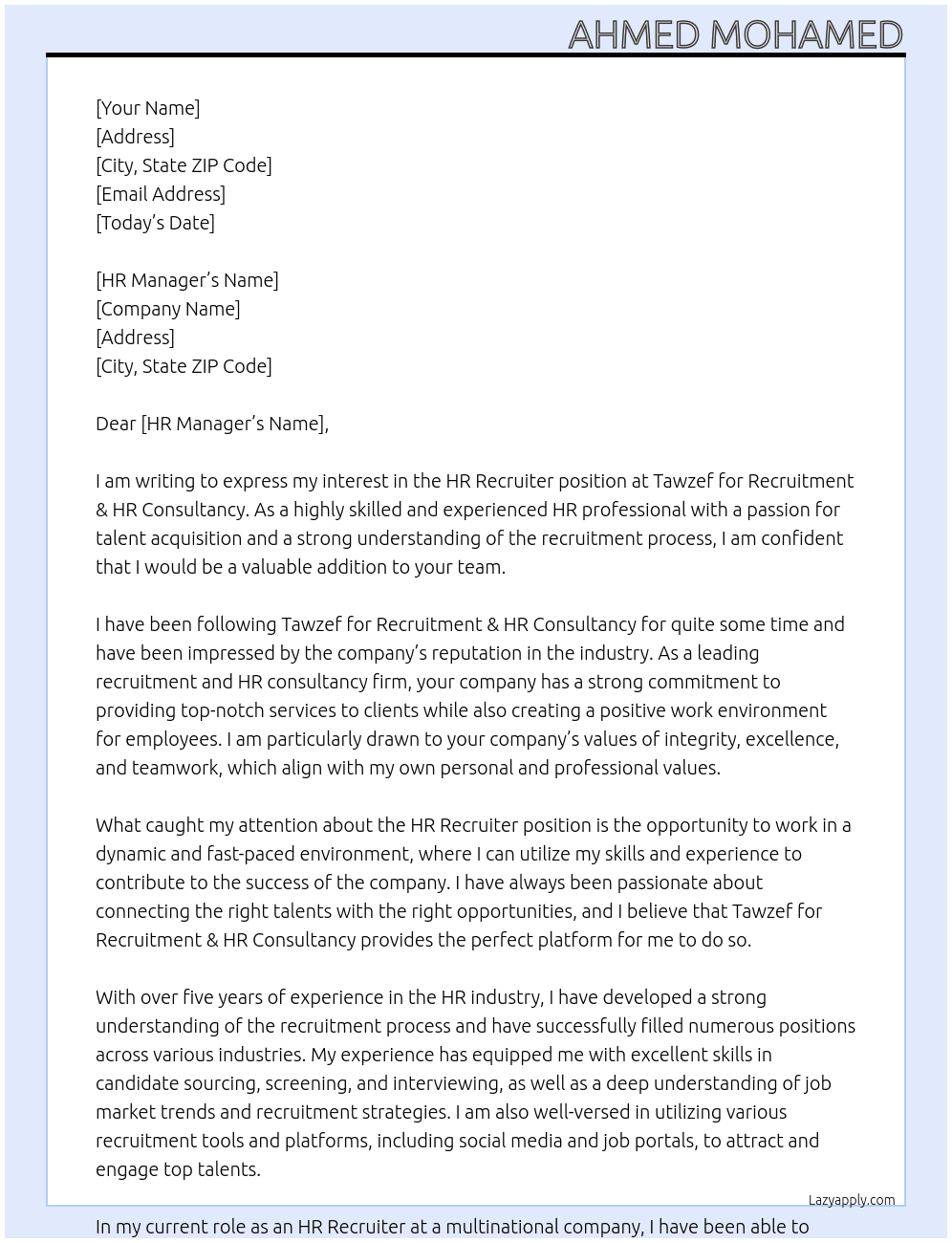 Hr Recruiter At Tawzef for Recruitment & HR Consultancy Cover Letter