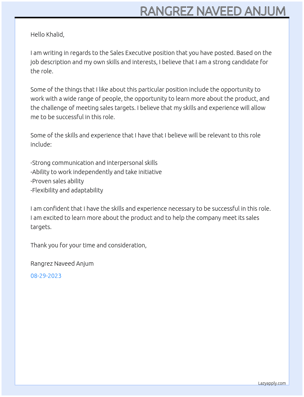 Sales Executive  At Khalid Mohammad  Cover Letter
