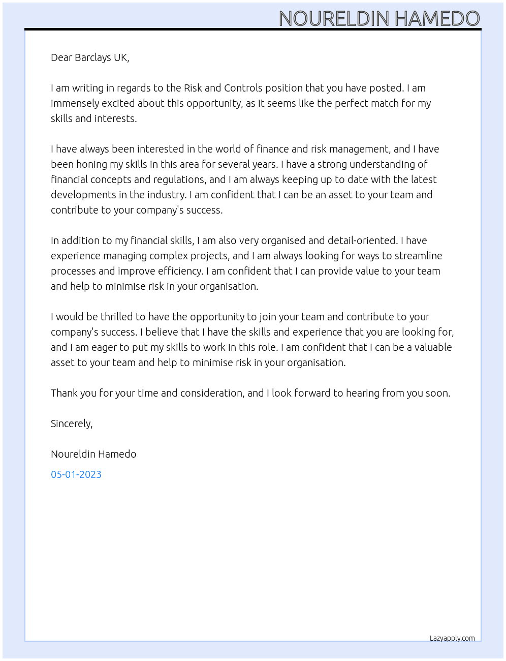 Risk and Controls At Barclays UK Cover Letter