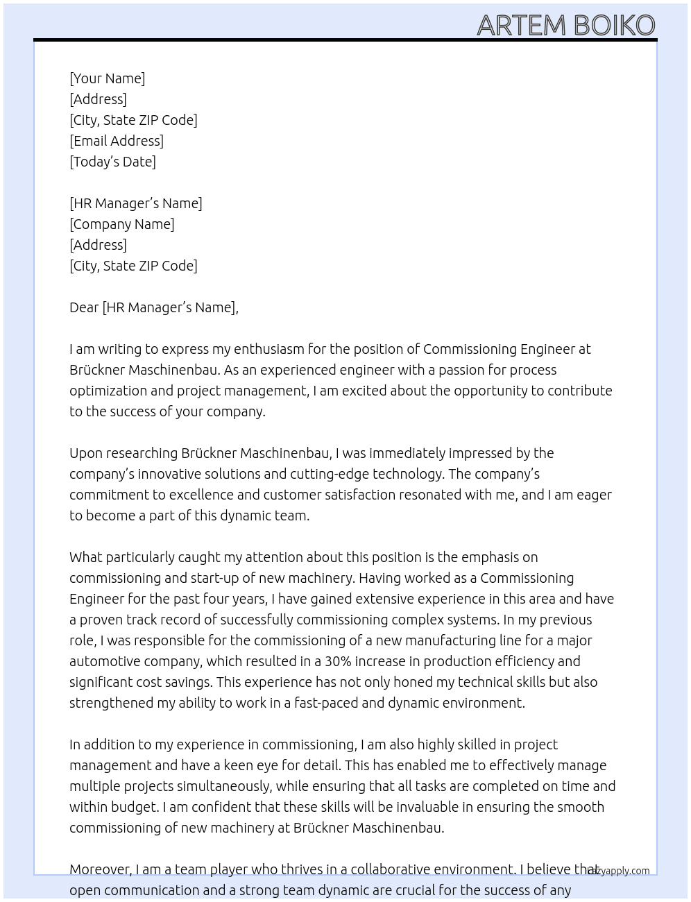 Commissioning engineer At Brückner Maschinenbau Cover Letter