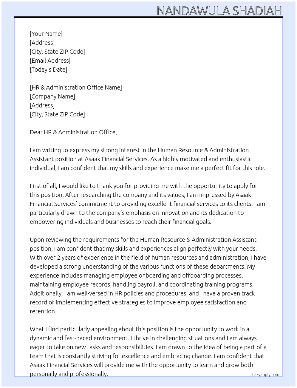 Human Resource & Administration Assistant At Asaak Financial Services Cover Letter