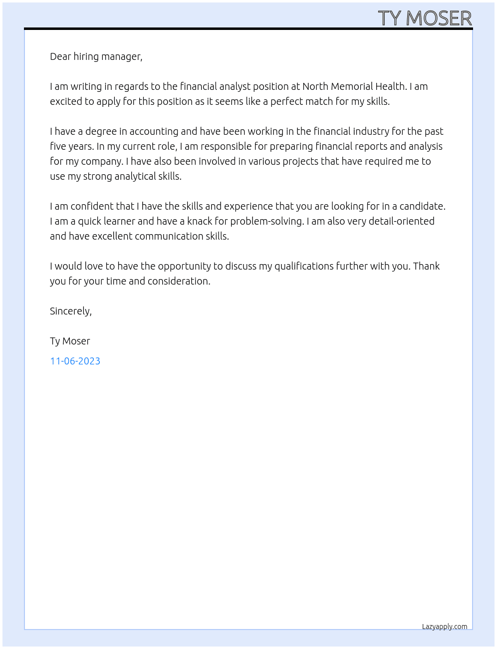 Financial Analyst At North Memorial Health Cover Letter