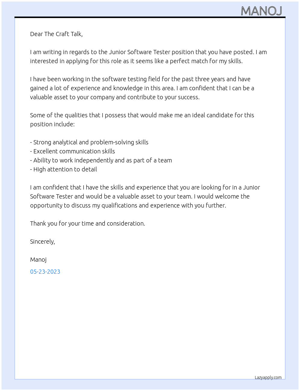 Junior Software Tester At The Craft Talk Cover Letter