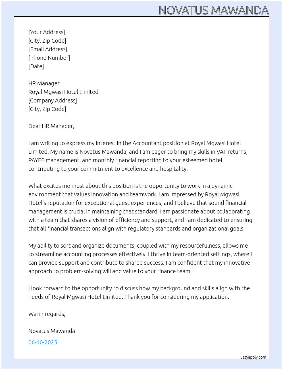 ACCOUNTANT At ROYAL MGWASI HOTEL LIMITED Cover Letter