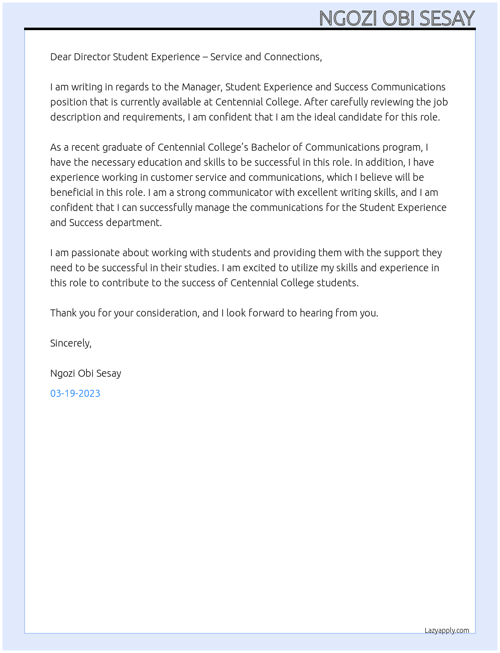 Manager, Student Experience and Success Communications At centennial college  Cover Letter
