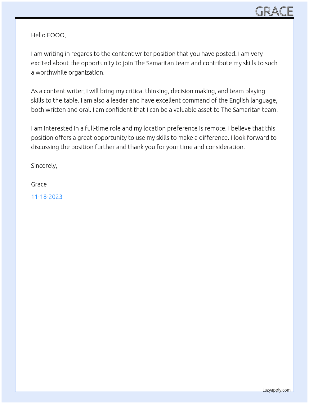Content writer At The samaritan Cover Letter